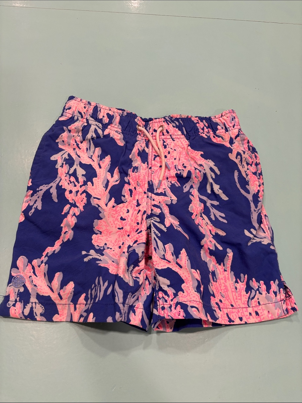 Lilly Pulitzer Blue Swim Trunks with Pink Coral Motif